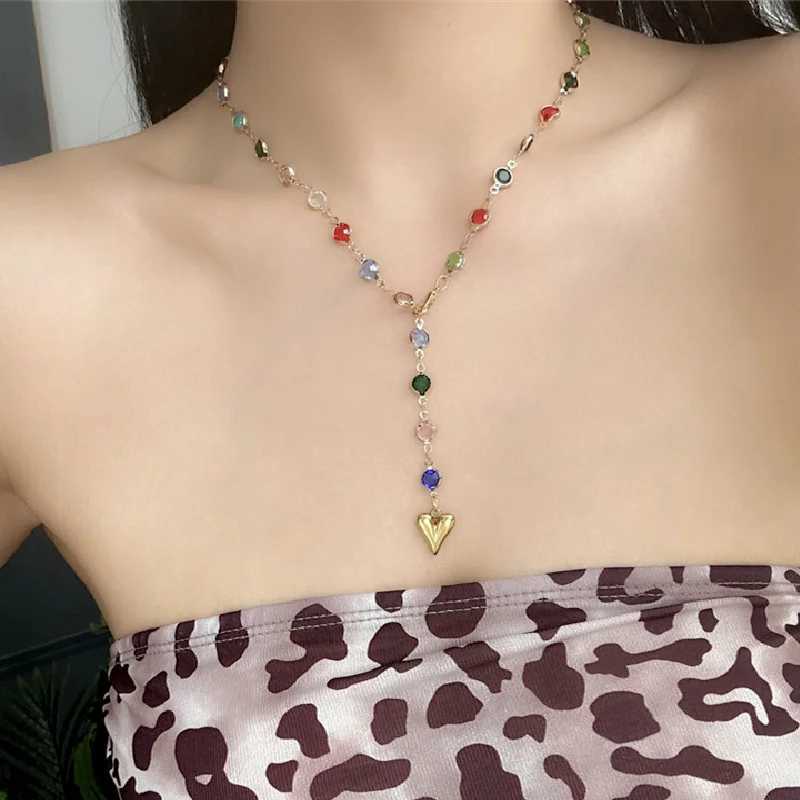 Trendy Gold Silver Color Glass Long YShaped Heart Necklace Metal Collarbone Chain Party Bohemian Body Party Jewelry GiftsXJ251018
