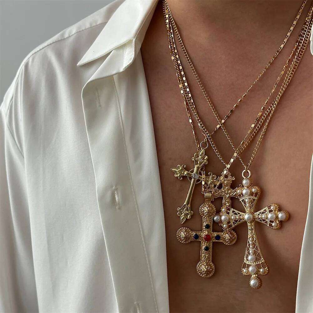 4Pcs/Set Zircon Cross Pendant Necklace Set For Women Vintage Adjustable Gold Color Long Chain Statement Y2k Jewelry