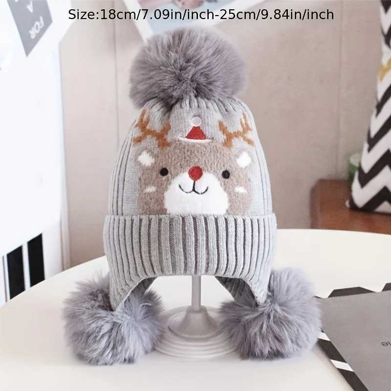 Youngsters Christmas Elk Beanie Hat with Detachable Ear Flaps PomPom Soft Stretchy Warm Winter Hat for Boys Girls J251021