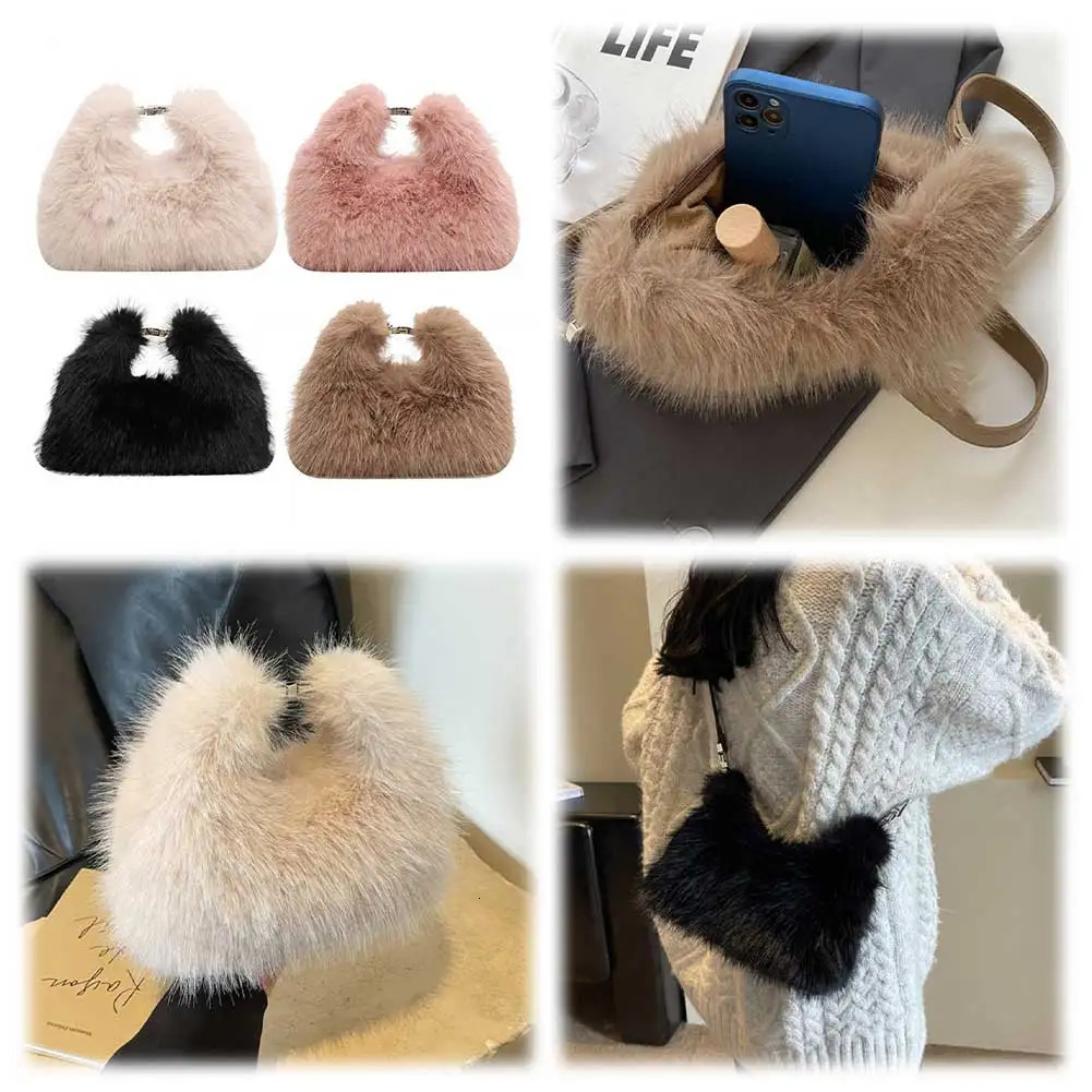 Women Faux Fur Shoulder Bag Adjustable Strap Fluffy Crossbody Bag Solid Color Clutch Purse Hobo Bag for Travel Party 251021