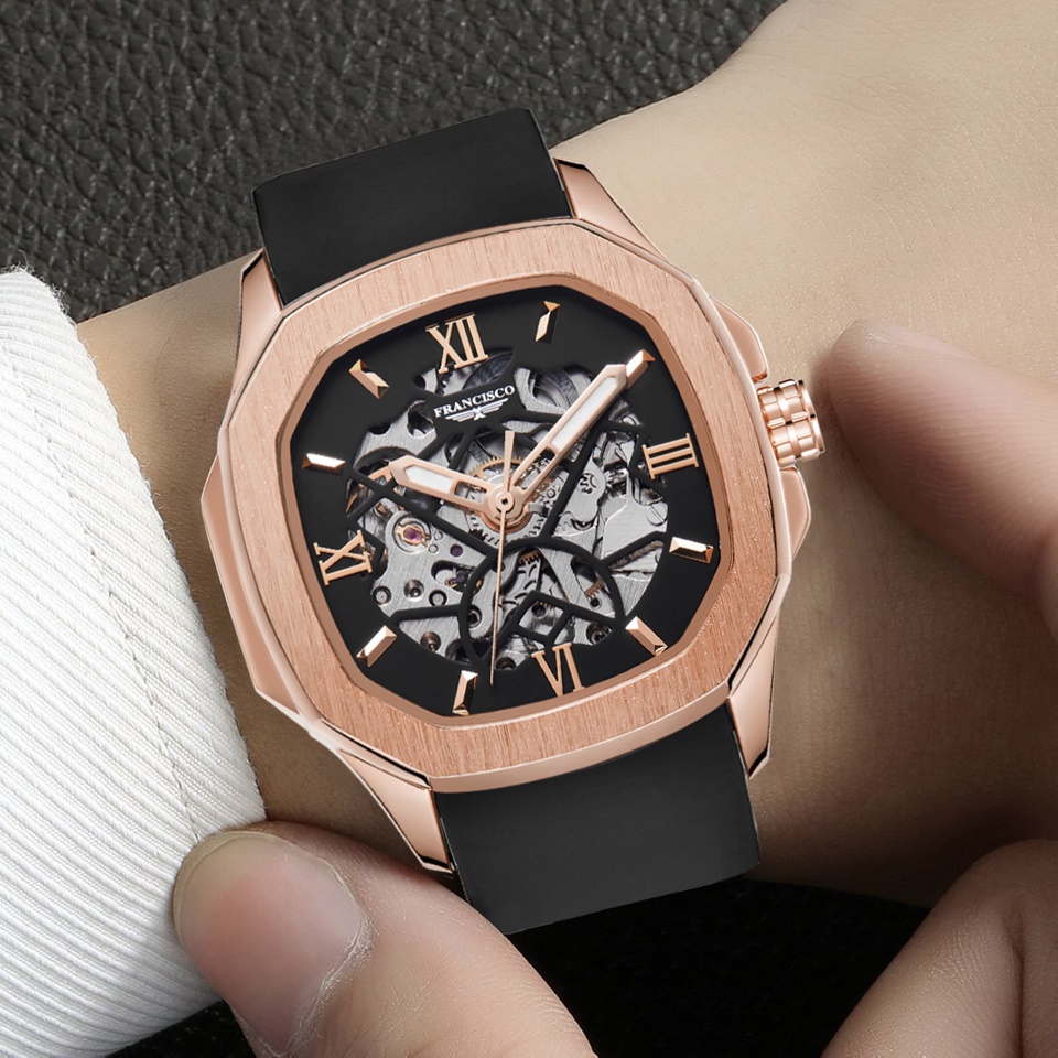 Luxury Gold Mens Skeleton Watch with Automatic Mechanical Movement Luminous Needles 3ATM Waterproof Silicone Strap