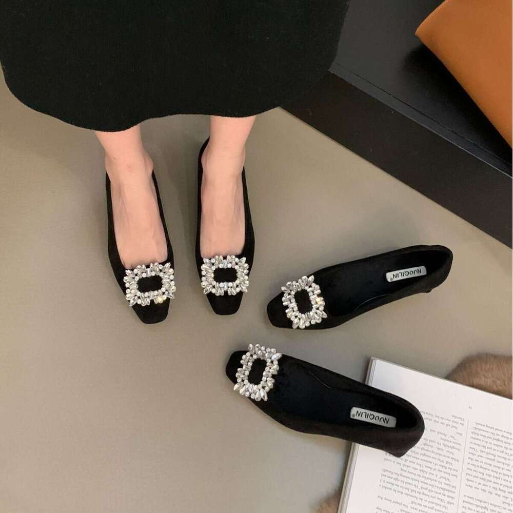 Square Toe Rhinestone French Low Heel Single 2025 Spring New Flat Designer Shoe Elegant Black Leather Commuter Shoes