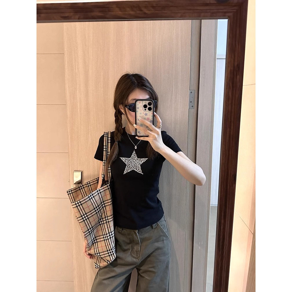 2025 American Retro Leopard Star Pattern Short Sleeve T-shirt Designer Pants Women's Summer Hot Girl Black Slimming New Autumn/Winter Design Top