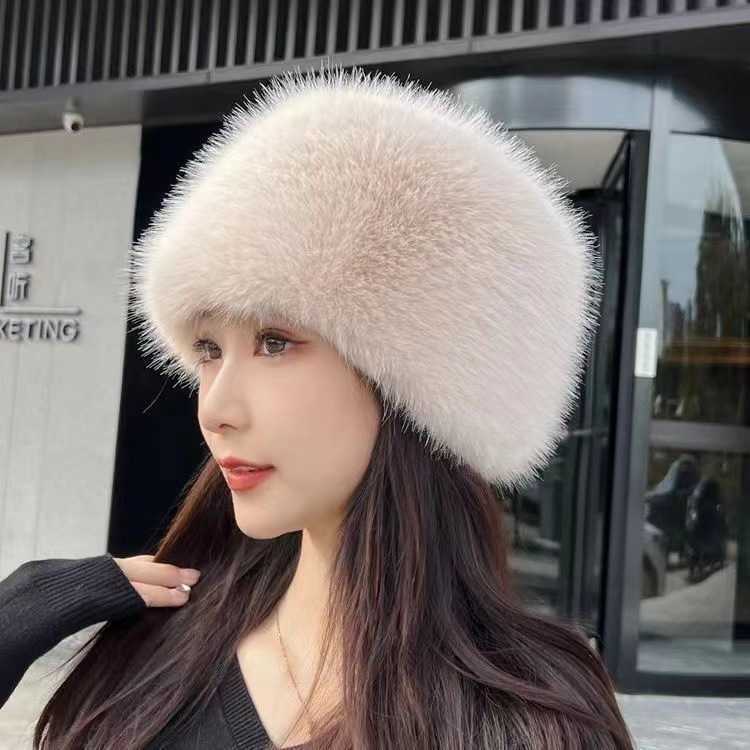 New Faux Fur Fox Fur Flat Top Hat Plush Bucket Hat Thickened Warm Ear Protection Round Top Fairy Hat H251020