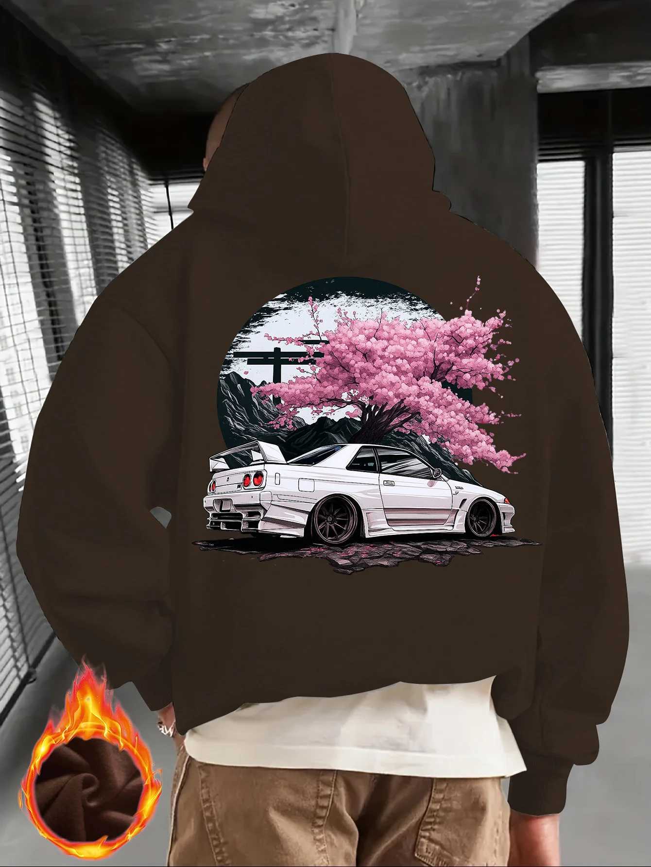 Mens Black Hoodie with White JDM Car and Pink Cherry Blossom Back Print Japanese Street Style Pullover W251021