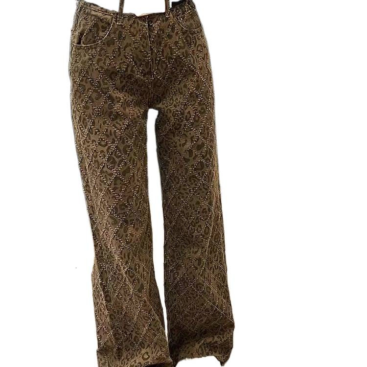2025 Fashion American New Autumn/Winter High Street Leopard Pattern Women's Jeans Straight Tube Wide Leg Luxury Pants Designer Pants