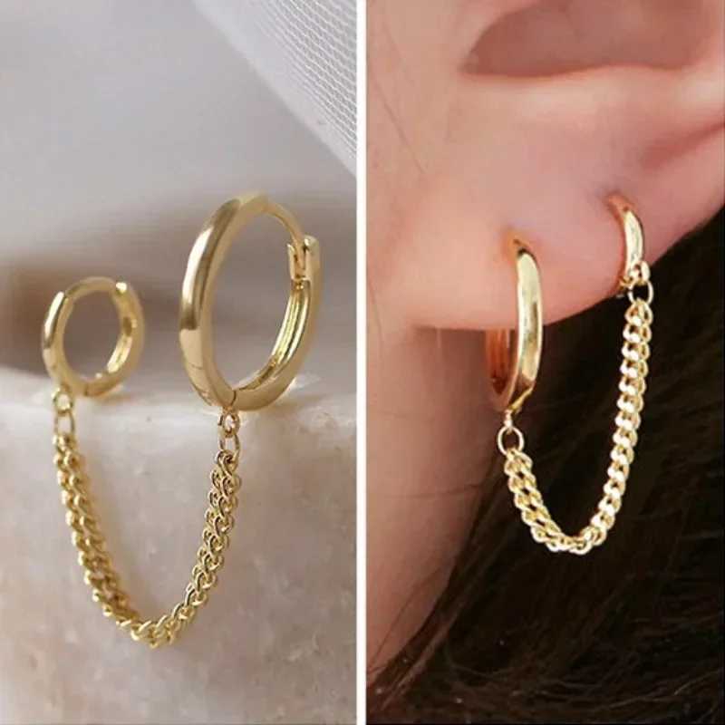 1PCS Stainless Steel Double Ear Hole Link Chain Hoop Earring for Women Ear Jewelry Accessories Gift Aretes J251021