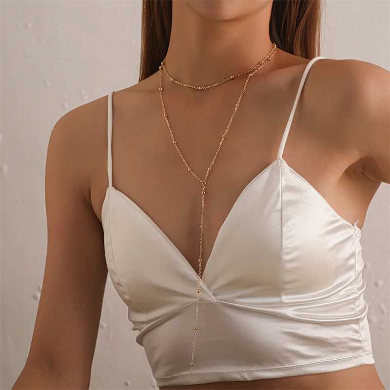 Golden Plated Lariat Necklace for Women Fashion Double Layered Long Chain Drop Pendant Choker Necklaces Fashion Gifts XJ250717