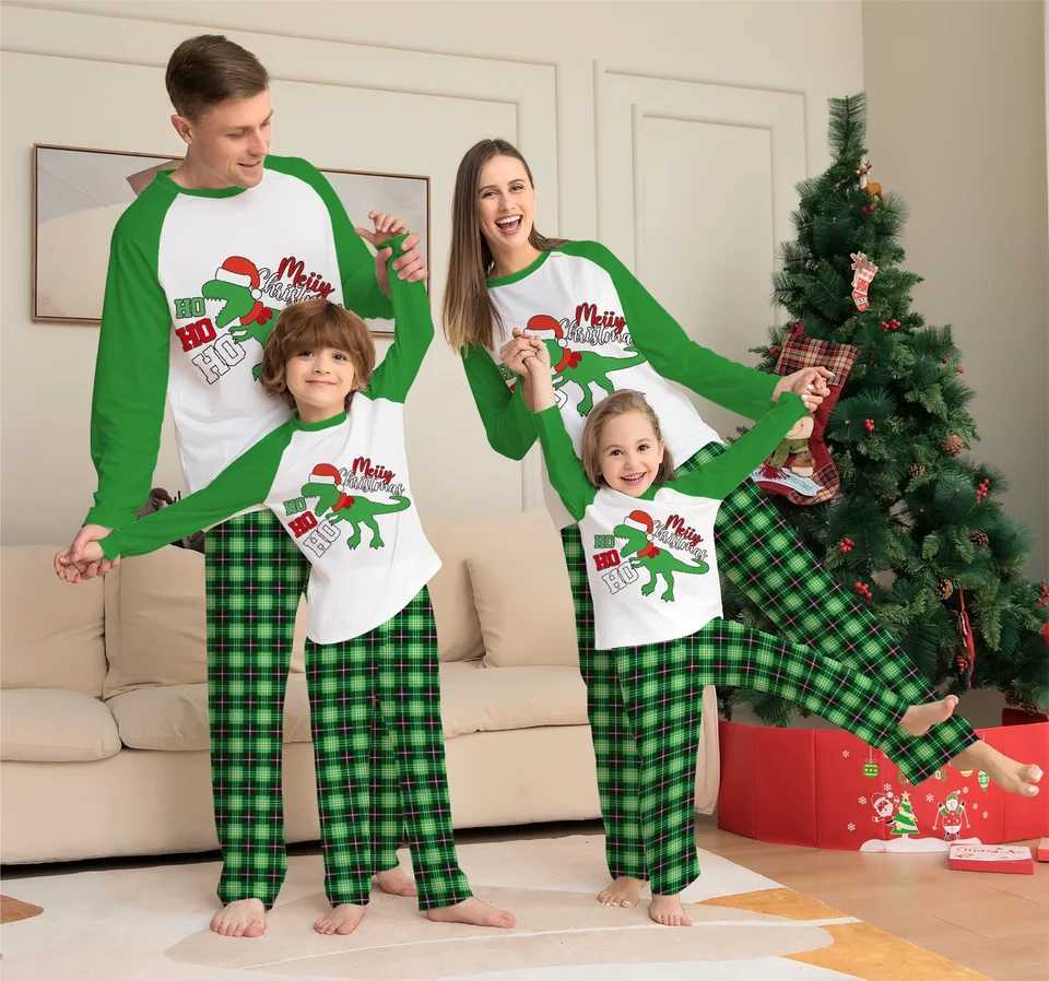 Parent Child Christmas Pajamas Set White Green Plaid Dinosaur Merry Christmas Prints L251021LW8B