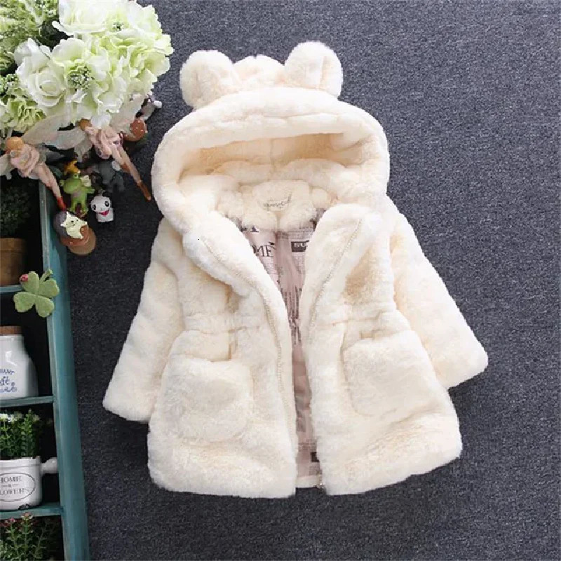 30 Winter Girls Plush Fur Jackets Kids Keeping Warm Hooded Cotton Clothes Fashion Outerwear Children Casual Solid Coat 251018