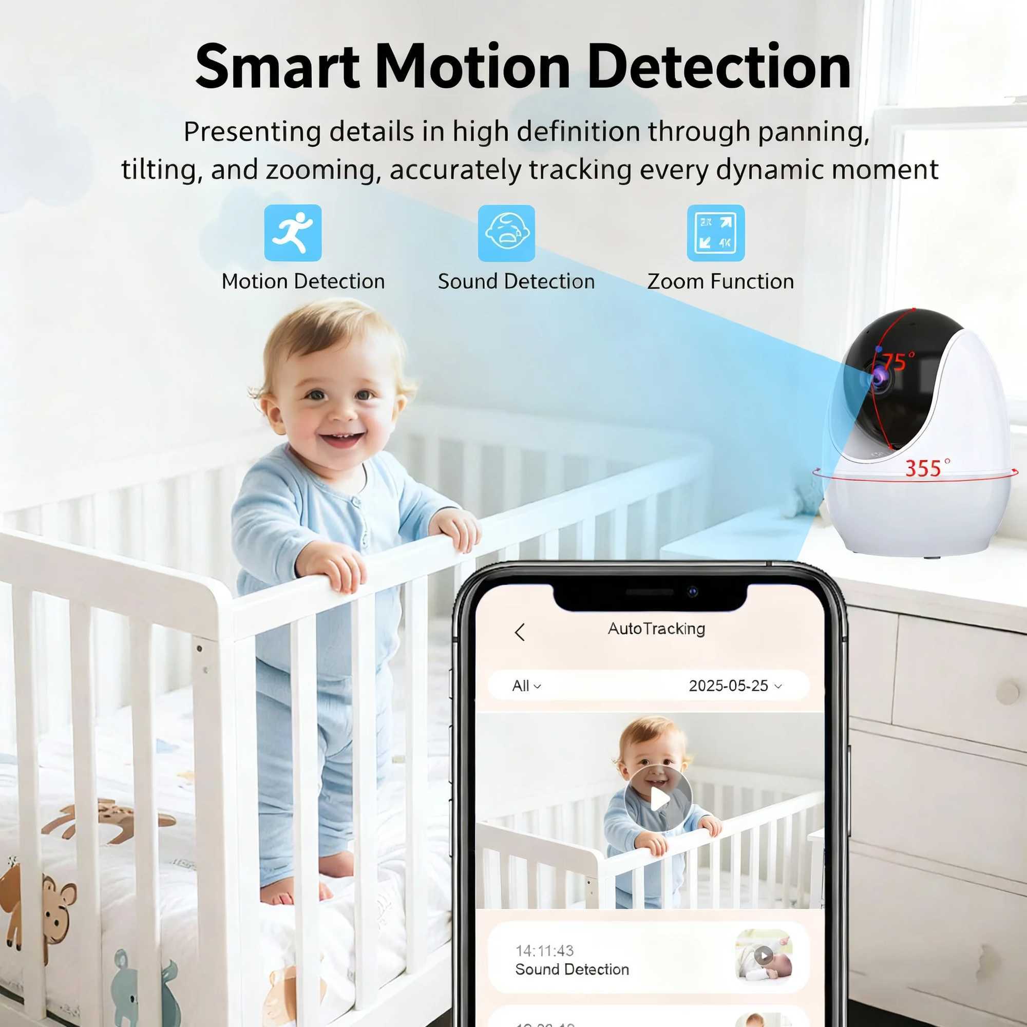 43Inch Baby Video Monitor with 4x Zoom Camera MotionSound Detection Soft Night Light Dual Control APP Wireless Monitor J251121