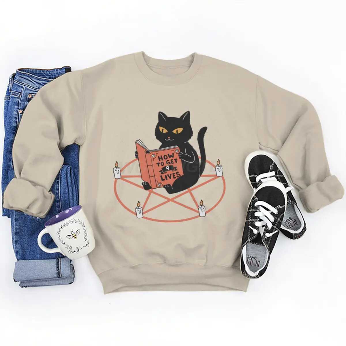 Unisex Harajuku Sweatshirts Hoodies Cat and Black Magic Graphic Sweatshirt Tops Men Women Funny Animal Casual Mens Clothing W251021