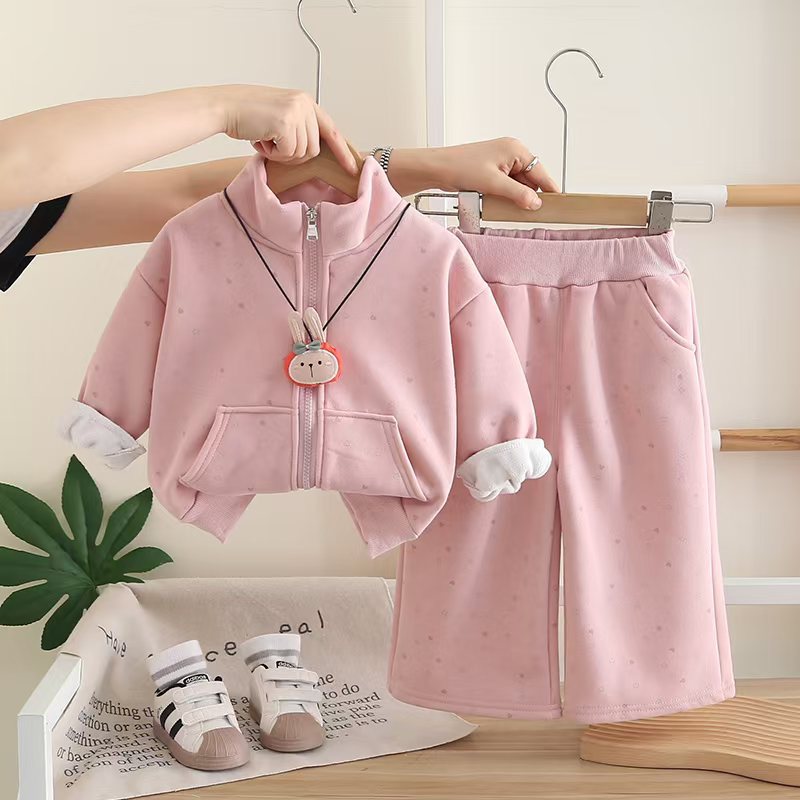 luxury kids clothing girls 2025 New Girls Fleece-Lined Jacket Set 2-Piece, Cute Winter Outfit for Baby Girls, Versatile Warm Coat & Pants Ensemble