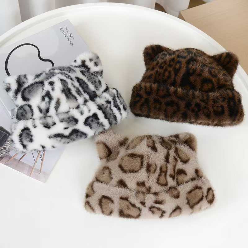 Leopard Print Plush Fisherman Hat Hat for Women Autumn Winter Hat Warm Ear Protection Imitation Mink Fur H251020