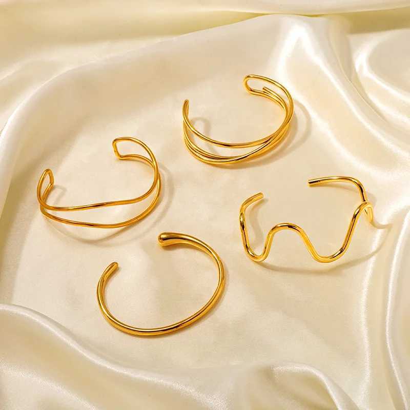 High Quality Cross Line Geometric Stainless Steel Gold Plated Open Simple Big Hollow Bangles Bracelet For Women Girls J251021