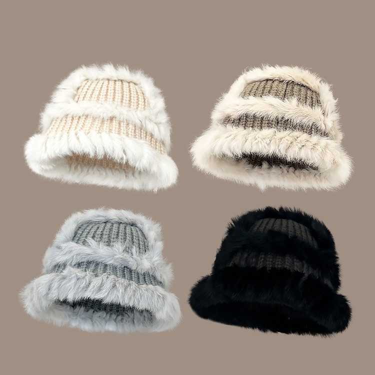 Versatile Rabbit Fur Knitted Fisherman Hat for Women Slimming Autumn and Winter Ear Protection Warm Knit Hat Plush Hat H251020