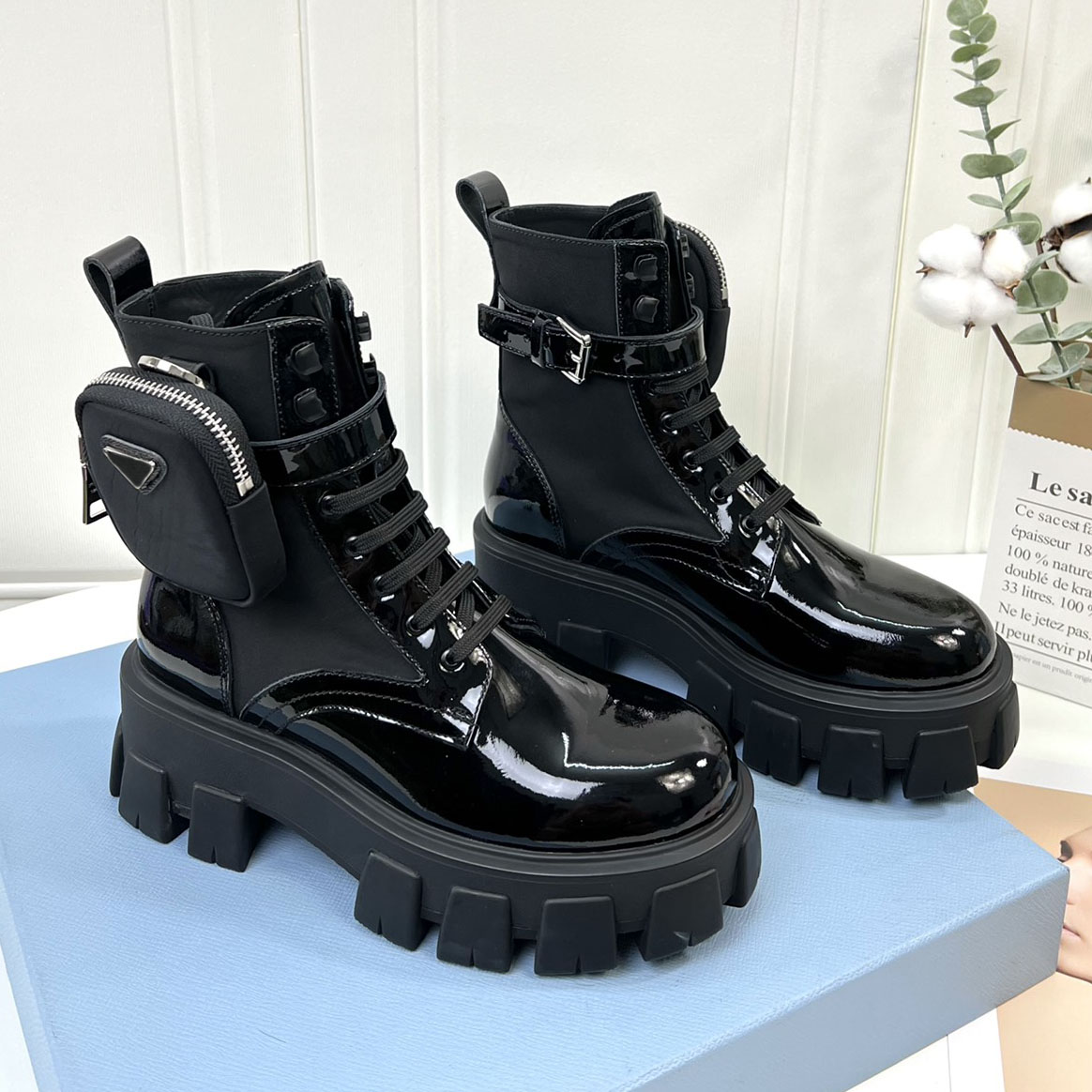 boots designer womens Monolith Leather And Re-nylon Combat Boots With Pouch, Woman, Black ankle boots triangle ankle boots platform Patent Leather Motorcycle boots