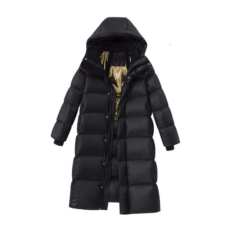 Clothing Winter Black Gold New National Standard White Duck Mid Length Down Jacket Women Temperament Hooded Windproof Over Knee