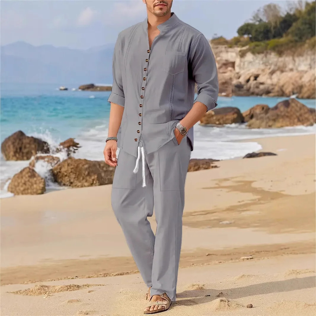 2025 Spring and autumn Cuban style fashion mens shirt trend casual multibutton stand collar loose long sleeve pants beach suit 251021