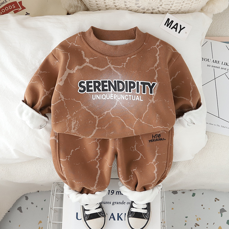 Free Shipping 2025 New Boys Fleece-Lined Sweatshirt Set, Letter Print Hoodie & Joggers 2-Piece, Warm Winter Outfit for Toddler Boys