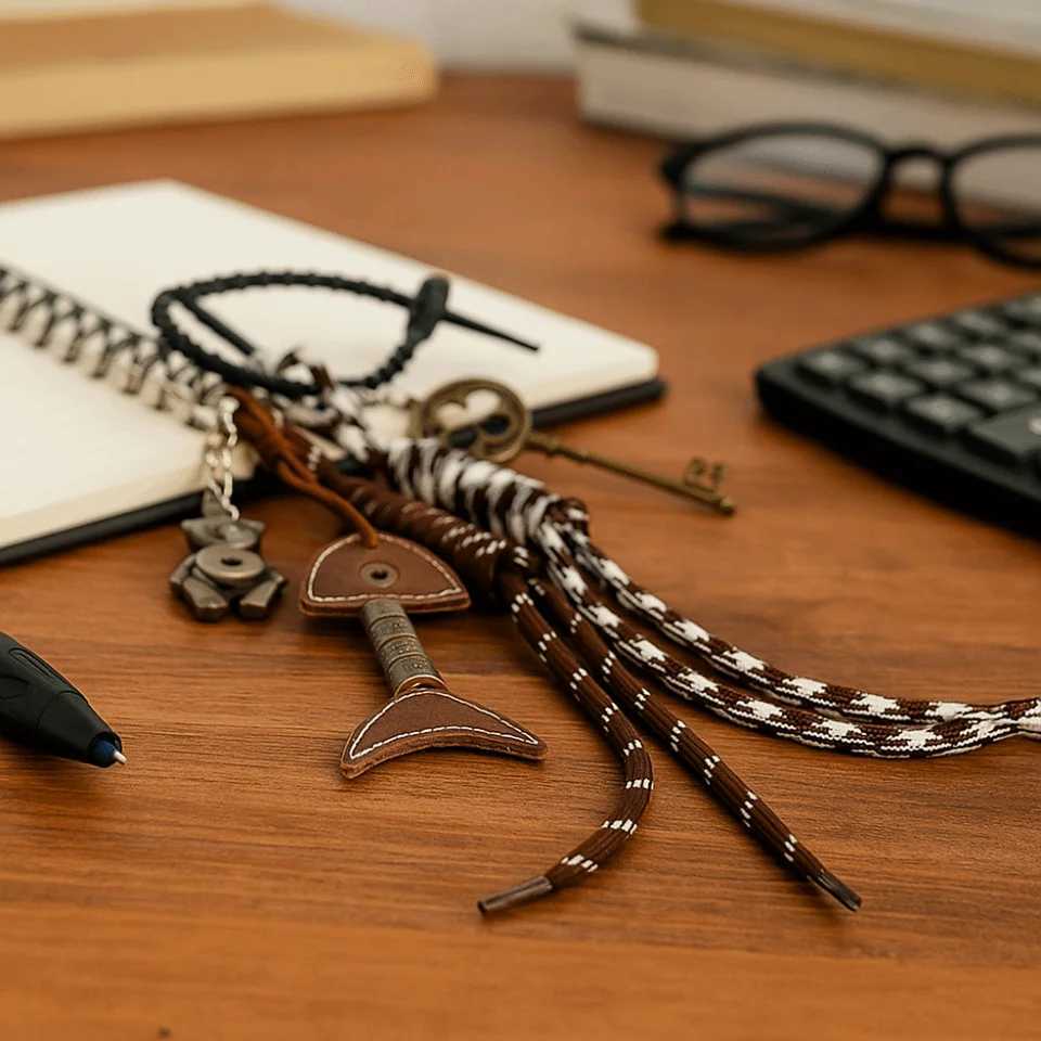 PU Leather Fishbone Keychain Handmade AntiLost Vintage Bear Key Pendant Girl Heart Trinket Woven Ropes Keyring W251021