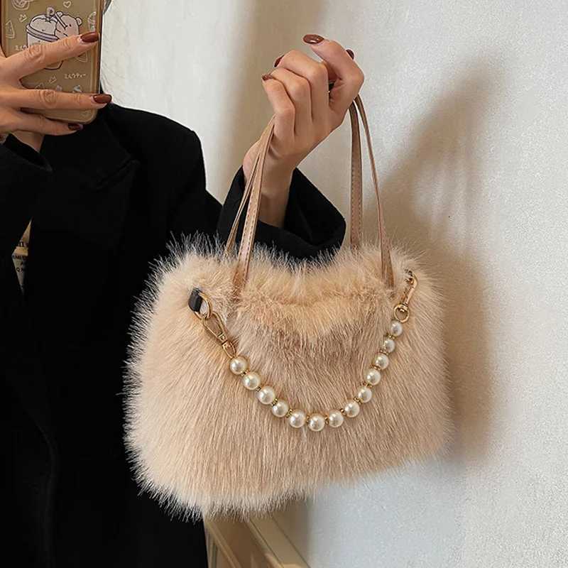 Candy Color Pearl Handle Womens Plush Crossbody Bag Portable Female Furry Handbags Winter Fashion Casual Shoulder BagsXJ251021