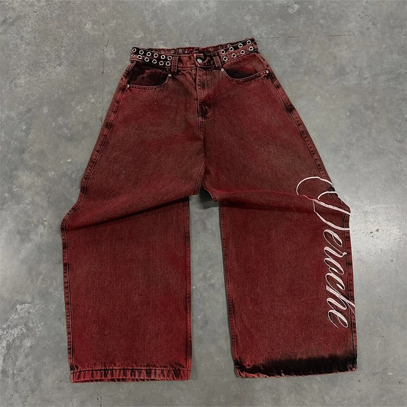 Y2K Casual Loose Jeans Vintage Letter Print Rivet Waist Belt n Red High Wide Leg Men Women Hip Hop Streetwear 251017
