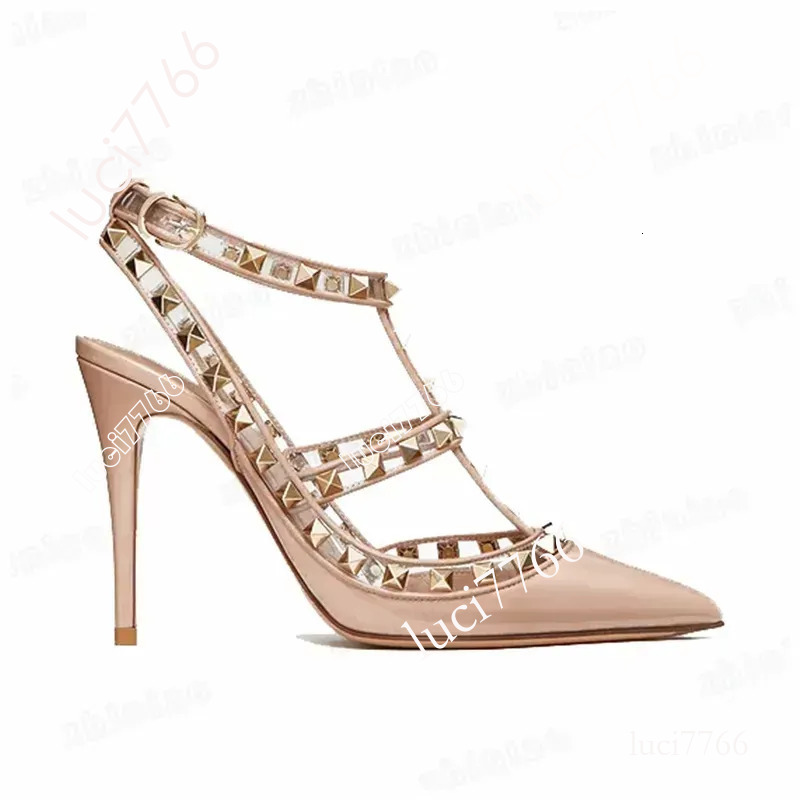 2-strap High Heels Sandals Rivets Dress Shoes Valentine Shoes Designer Pointed Toe Patent Leather Women Studded Strappy With Stud 0b