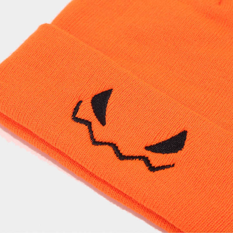 New Halloween Pumpkin Embroidered Orange Knitted Hat for Men and Women Mischievous Woolen Hoodie Trendy H251020