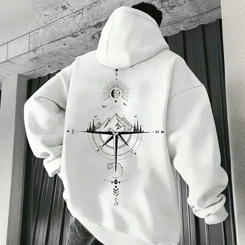 Vintage Compass Print Hoodies for Men High Quality Hooded Long Sleeve Pullover All Season Daily Casual Sports Tops Mens Clothes W251021