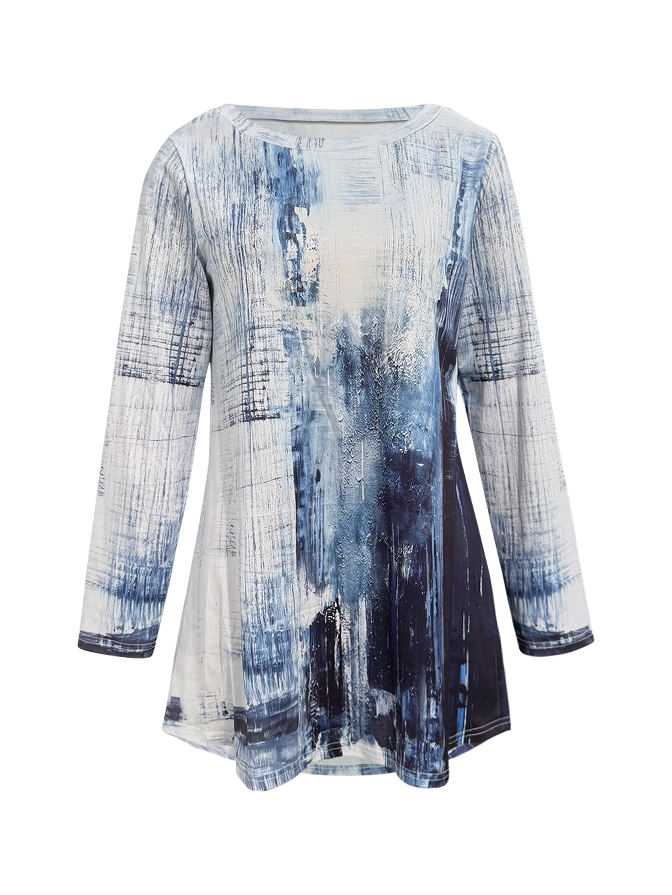 Women's Early Autumn New Full-Body Printed Crew Neck Long Sleeve T-Shirt, Milk Silk Fashion Vacation Women's Top (S-XXL, Blue)-CF53746