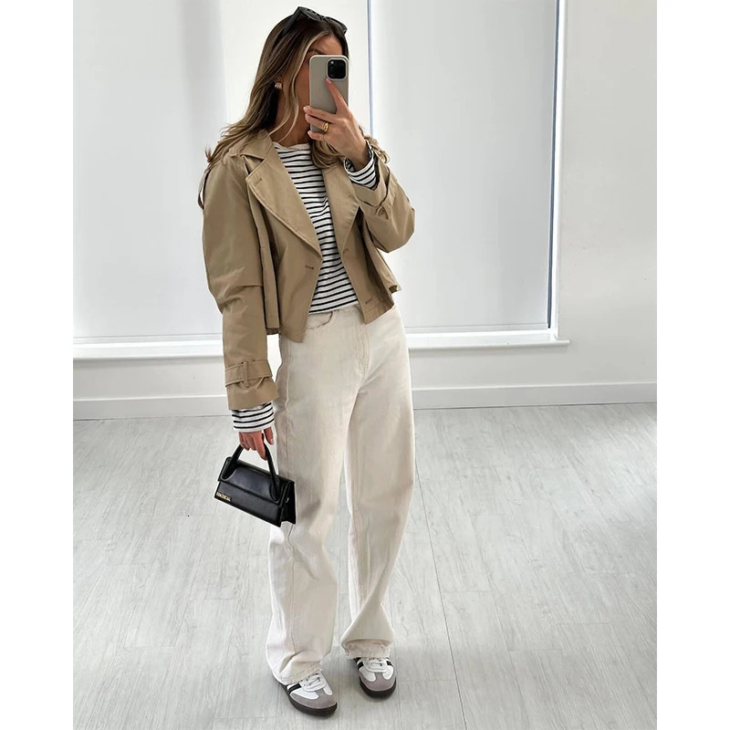 YENKYE Autumn Women Solid Cropped Trench Coat Vintage Double Breasted Long Sleeve Short Jacket Lapel Collar Windbreaker 251021