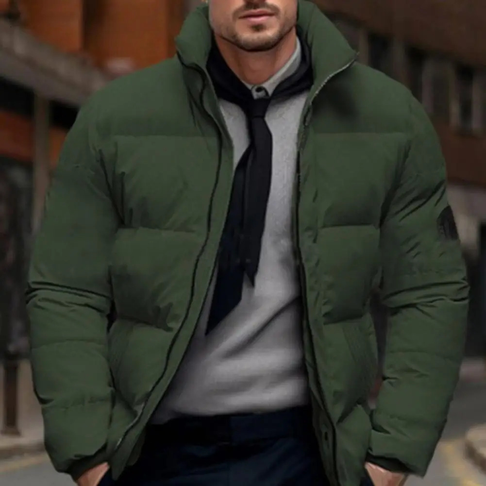 Men Quilted Jacket Solid Color Stand Collar Long Sleeve Zipper Closure Cotton Coat Thickened Jacket Down Cotton Puffer Outwear 251028CJ