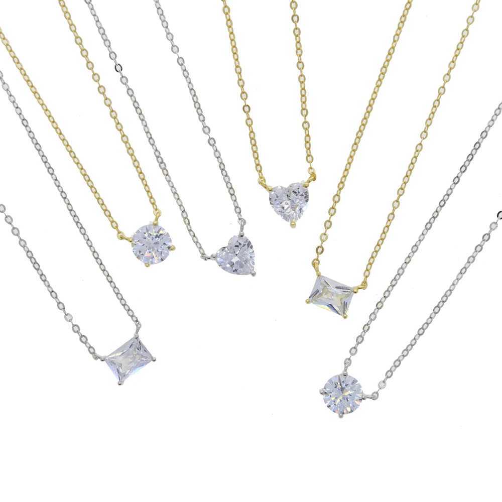 Geometric Single CZ Stone Necklace Sparking Clear Cubic Zirconia Rectangle Round Heart Shaped Simple 925 Sterling Silver Collar D251021