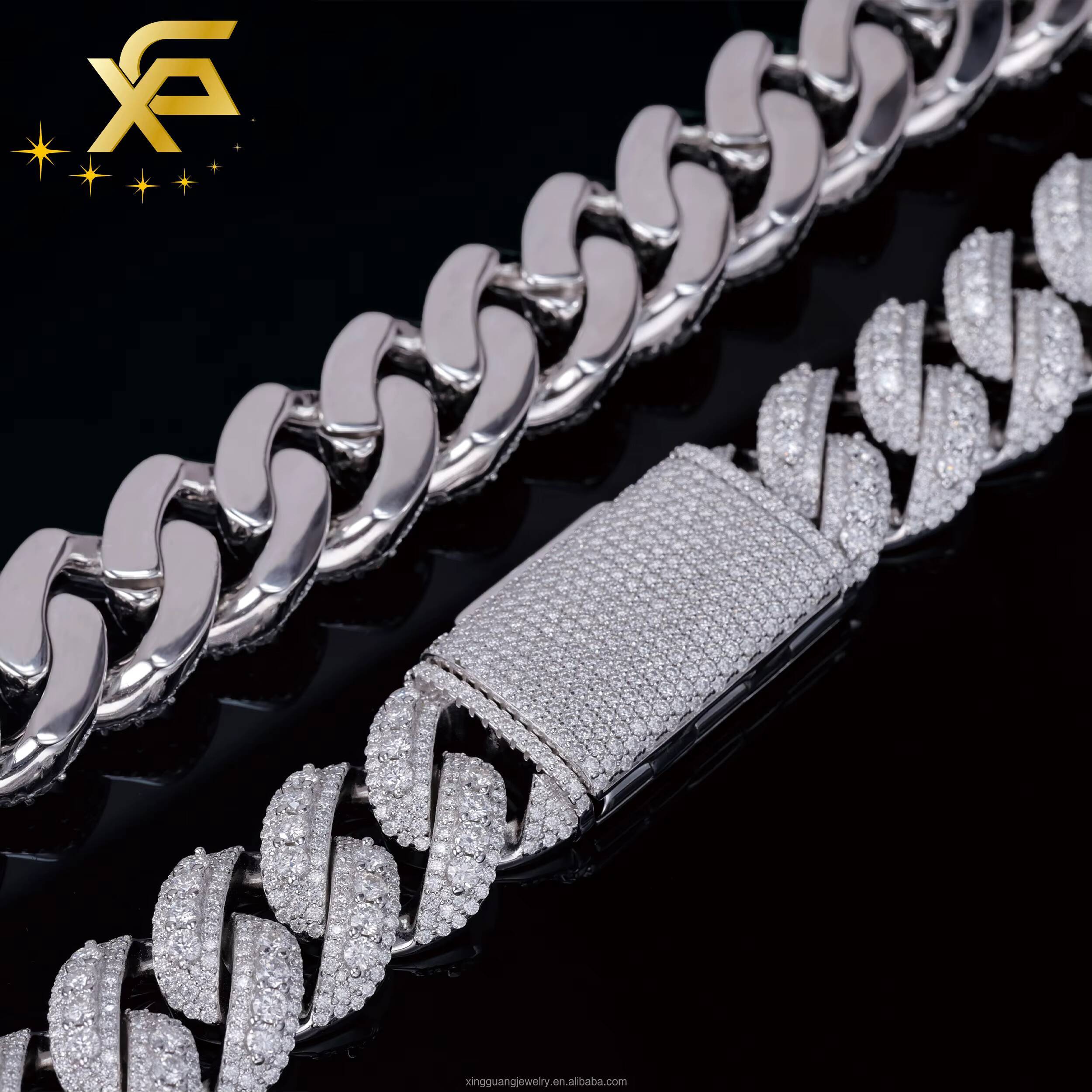 XingGuang Best boutique 22mm Three Rows Moon Shape Ice Out Cuban Chain S925 Silver VVS Moissanite Chain Men Rapper Hiphop Necklace