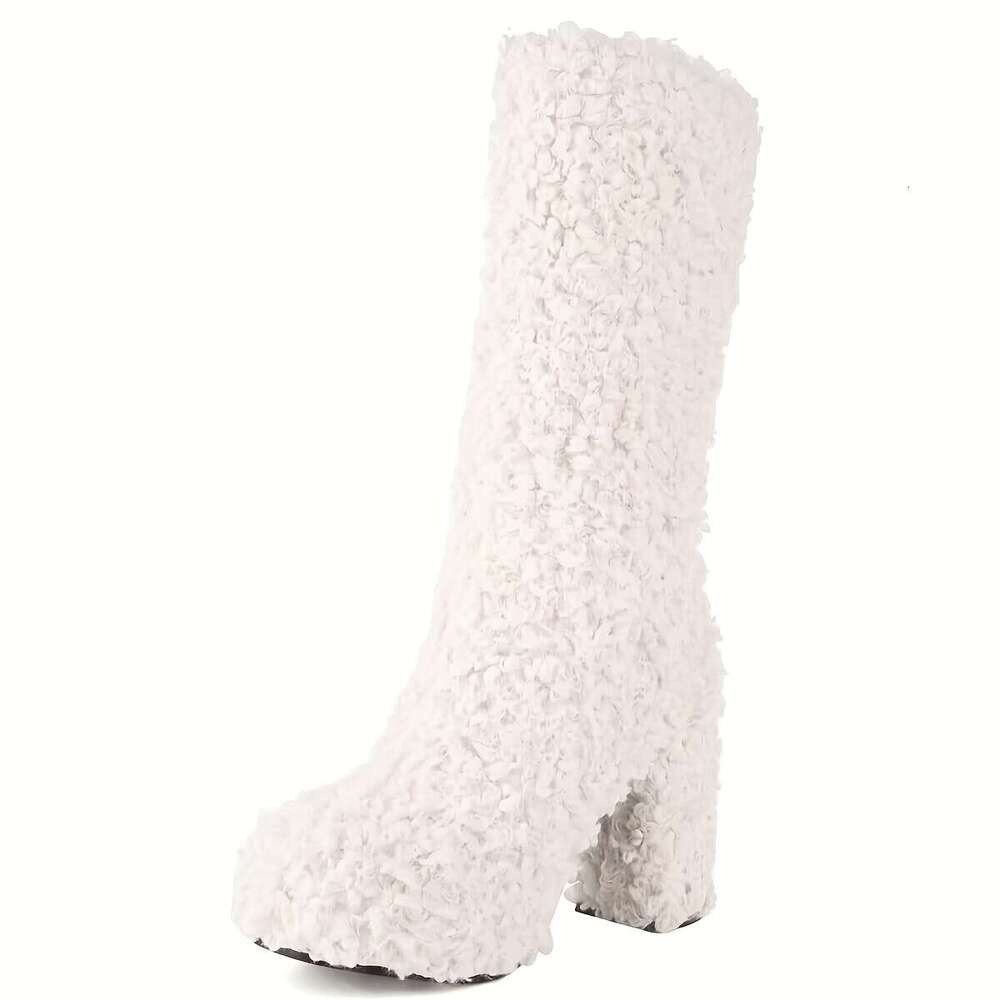 Women's Chunky 11" High Heel Fluffy Mid-Calf Boots With 1.57" Platform Warm Plush Lining, Round Toe & Slip-On Design All-Season Comfort