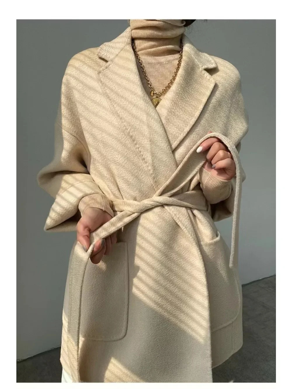 Winter Casual Adjustable Waist Wool Coat Women Water Ripples Woolen Jackets female Autumn Camel Commuting 251021