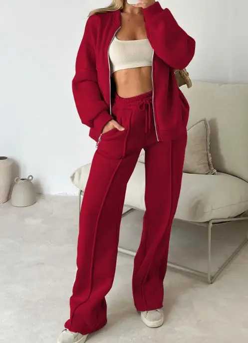 Solid Color Round Neck Zipper Front Loose Jacket and Lace Up High Waisted Straight Leg Pants Set Autumn Womens Sports SetT251022