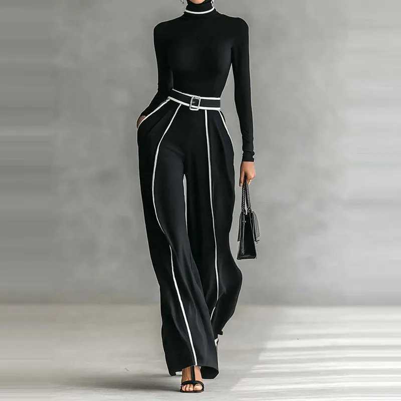 Women Fashion Color Blocking Outfits Casual Pocket Commuting Loose 2Pc Set Elegant Stand Collar Long Sleeve Top Long Pant SuitT251022