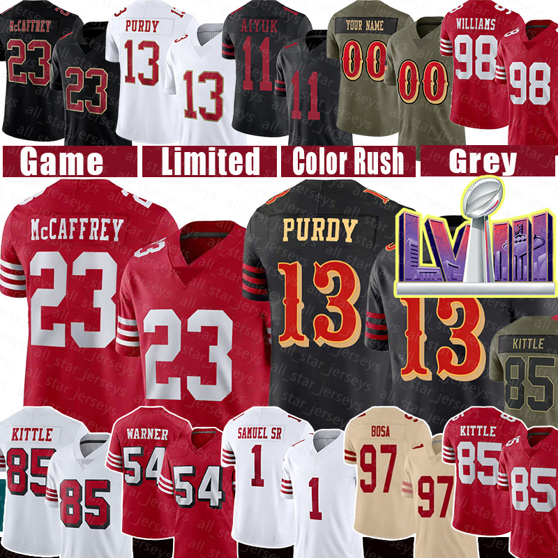 Christian McCaffrey Football Jerseys Brock Purdy George Kittle Mykel Williams Jerry Rice Nick Bosa Ricky Pearsall Fred Warner Brandon Aiyuk Jauan Jennings