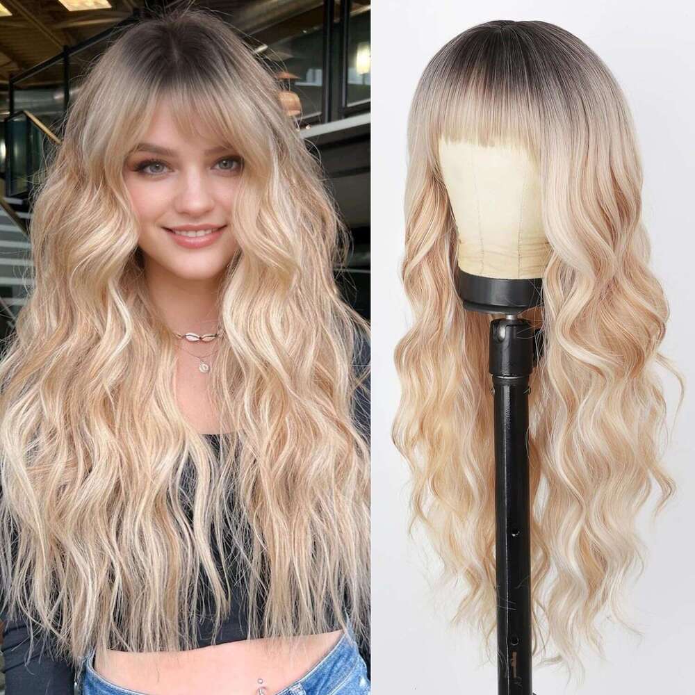 Temu Hot Selling For Women Black Gradient White Bangs Big Waves Long Curly Hair High Temperature Fiber Full Wig