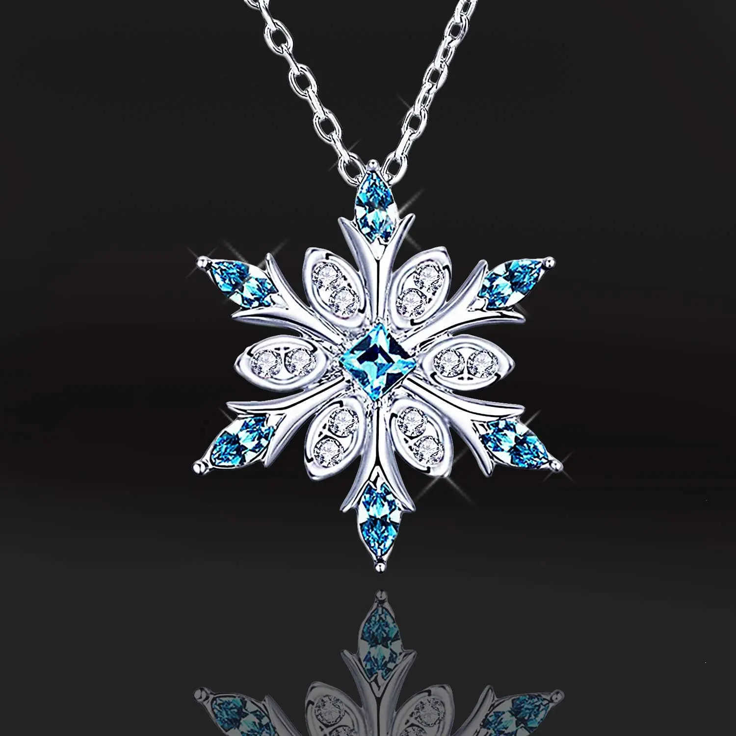 Womens Silver Plated Blue Crystals Snowflake Pendant Fashion Necklace Collarbone Chain For Christmas For Winter Jewelry U251022