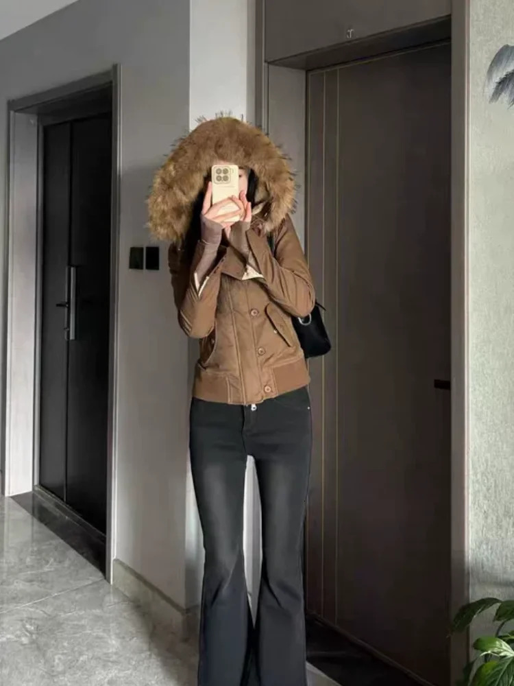 Fashion Outerwear Brown Jackets Womens Coat Slim Fit Vintage Fur Collar Kpop Femme Zipper Clothes Harajuku Y2k High Street Tops 251021
