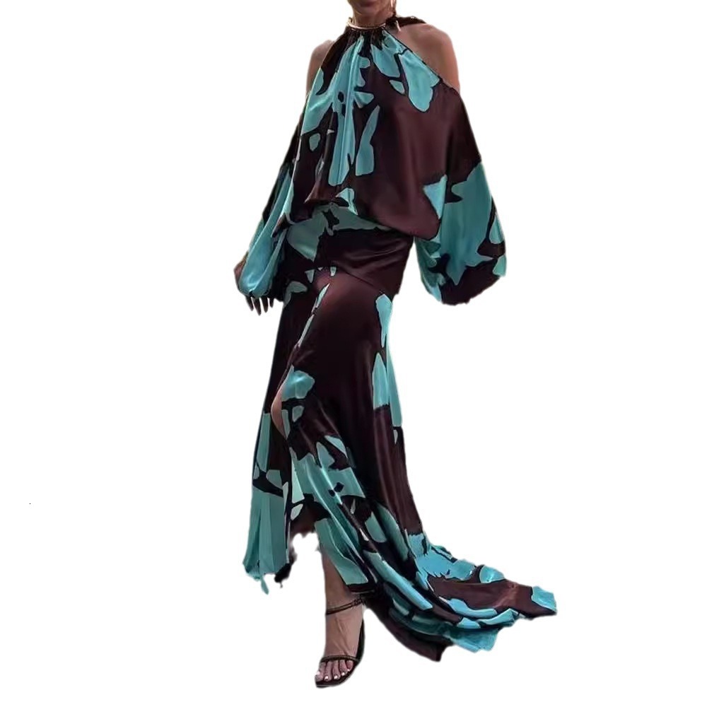 Summer European and American fashion designer off shoulder retro printed long sleeved dress for women's fashion