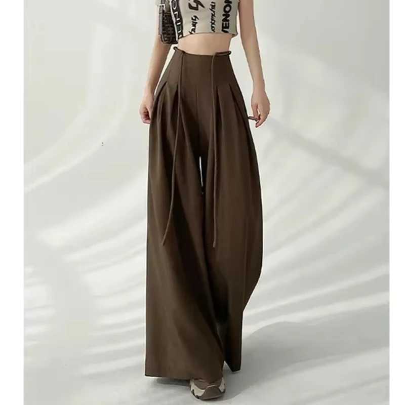 Streetwear Wide Leg Pants Women Korean Black High Waist Suit Pants Summer Fashion Elegant Lace Up Straight Trousers NewT251022