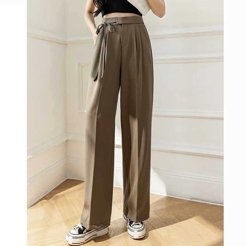 Spring Women Lace Up Straight Leg Suit Pants Female Solid Color High Waisted Trousers Lady Chic Designer All Match Work PantsT251022