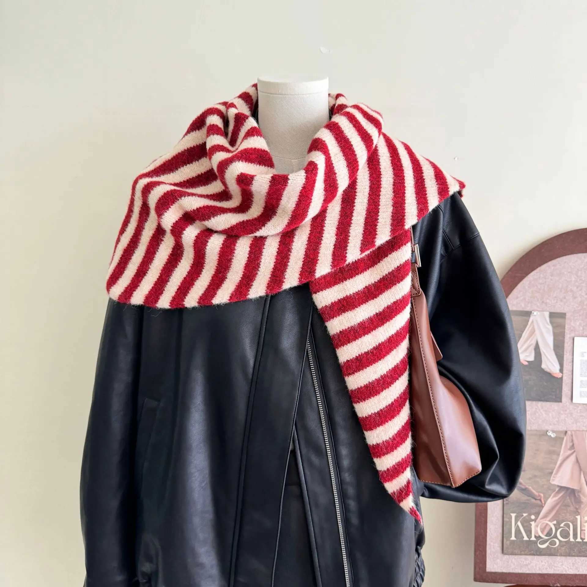 Women Fashion Newin Triangle Shawl Wool Blend Knitted Striped Scarf Autumn Winter Outer Waistcoat Warm Neck Wraps Big Size J251129