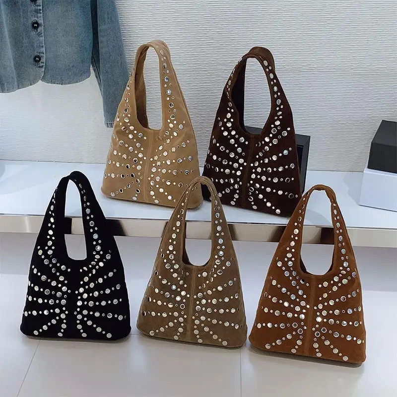 Suede Polka Dot Rivet Underarm Shoulder BagMetal Studded Women HandbagVintage Motorcycle Punk Style Tote BagAutumnWinter 251018