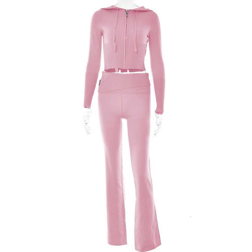 Knitted 2 Piece Sets Women Tracksuit Long Sleeve Zipper Hooded Sweater Crop Top Flare Pants Stretch Matching Suit OutfitT251022