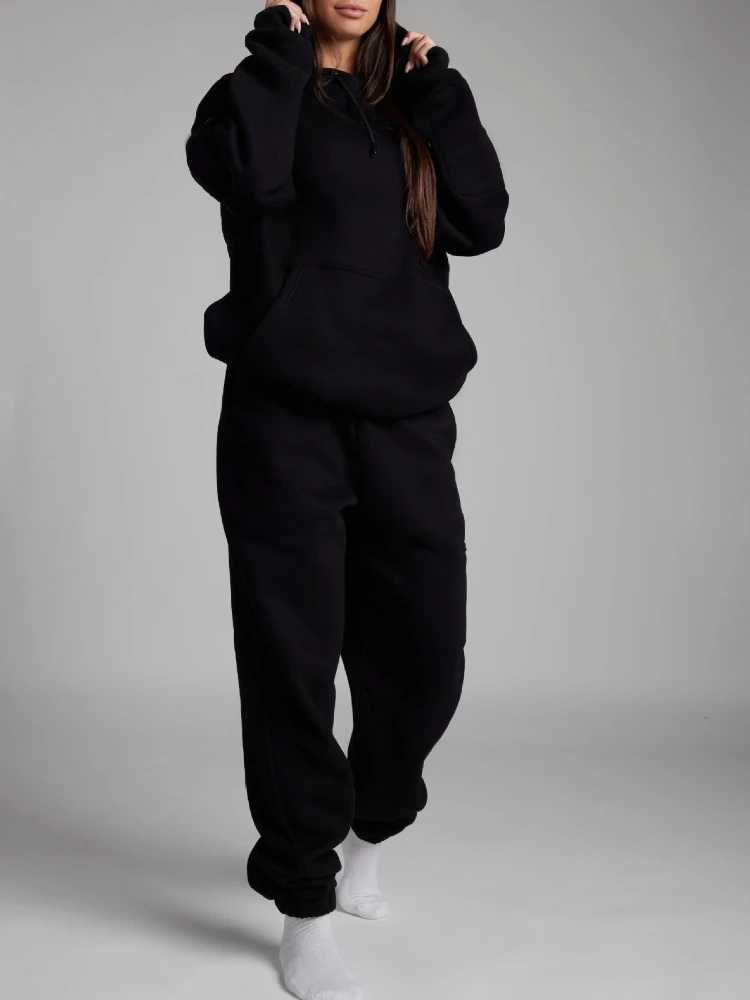 Womens Two Piece Suit Casual Sport Swear Ensemble Autumn Winter Solid Color Pure Color Hooded Eye Mask Long Pants SetT251022